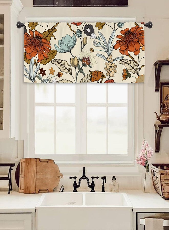 Miyotaa Vintage Flower Kitchen Curtain Valance 54W x 18H Rod Pocket Retro Burnt Orange Blossom Botanical Autumn Fall Window Treatment for Living Room Bedroom Bathroom - Image 1